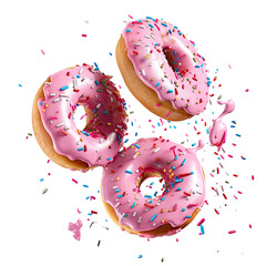 Poster - Sprinkled donuts flying over white background.