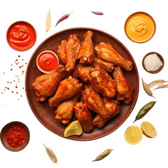 Sticker - Top view of air fryer chicken wings with hot chili glaze and assorted sauces, posed.