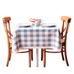 Two person table set with cloth.