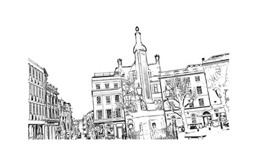 Building view with landmark of Reading is the 
town in England. Hand drawn sketch illustration in vector.