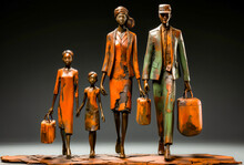 Deteriorated Metal Figures On Dark And Solitary Background, A Family With Two Children Carrying Suitcases