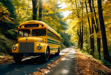 A Yellow School Bus On A Country Road With Fall Leaves, Autumn, Back To School,