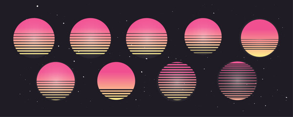 80s Retro Sunset collection. Set of vintage graphics with sun dipped in sea. Collection of vector sunsets. Elements for 80's and 90's posters, illustrations and web designs.