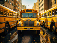 Many Yellow School Buses Sitting In Line In Front Of The School,