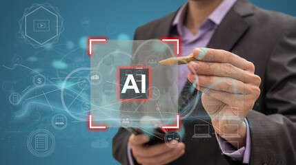 Leinwandbilder - Businessman holding the holographic AI. Artificial intelligence with machine deep learning concept.