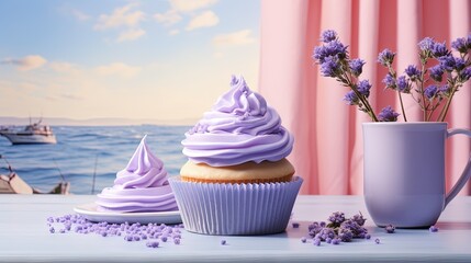  two cupcakes with purple frosting on a table.  generative ai