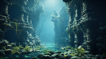 Wall Mural -  an underwater scene of a cave with a man standing in the water.  generative ai