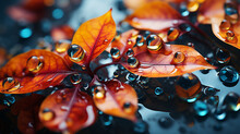 Autumn Leaves With Water Drops, Macro