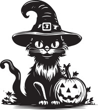 Halloween Cat In A Witch Hat And Pumpkin, Vintage Cat Head, Halloween Black Cat Vector Illustration, SVG