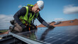 © Moritz - Empowering Homes: High-Resolution Photograph of a Male Worker Installing Solar Panels on a Private Roof, Symbolizing the Shift to Renewable Energy