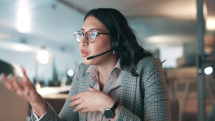 Poster - Call center, consulting and night with business woman in office for customer service, communication or conversation. Help desk, contact us or telemarketing with employee for technical support