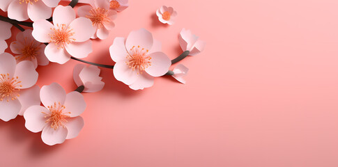 Branch of cherry or Sakura blossom isolated on pink background. Spring card