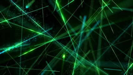 Wall Mural - glowing green and blue laser beams motion background with shiny exploding particles and flashing fas