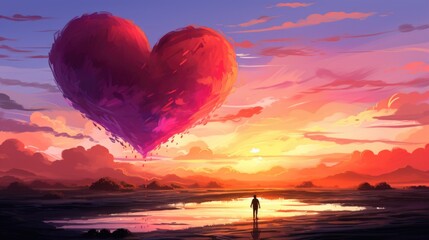 Canvas Print - A person standing on a beach with a heart shaped balloon in the sky. AI.