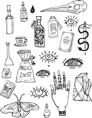 Set line art drawing clipart halloween holiday party invitation. Witch eye minimalist items icons bird skull witch hand magic book snake sword. Gothic stickers design elements on occult scary theme 