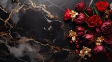 A Captivating Top View Of A Dark Marble Backdrop Adorned With Glistening Golden Swirls, Surrounded By An Elegant Arrangement Of Velvety Red Roses And Golden Tulips. Wedding, Glamor-jewel. Generated AI