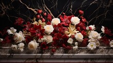 A Mesmerizing Image Of A Dark Marble Surface Embellished With Intricate Golden Floral Motifs, Surrounded By A Stunning Display Of Ruby Red Peonies, Ivory Roses, And Golden Calla Lilies. Generative AI.