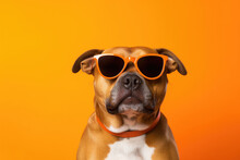 Portrait Staffordshire Bull Terrier Dog With Sunglasses Orange Background . Sunglasses On Dogs, Portrait Staffordshire Bull Terriers, Orange Backgrounds, Canines In Clothes, Pet Fashion Trends