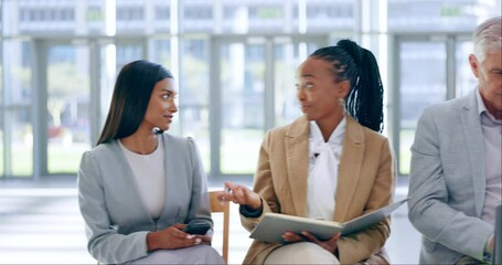 Canvas Print - Diversity, recruitment and meeting with business people in waiting room for hiring, job interview or opportunity. Planning, community and corporate with group of employees in office lobby for vacancy