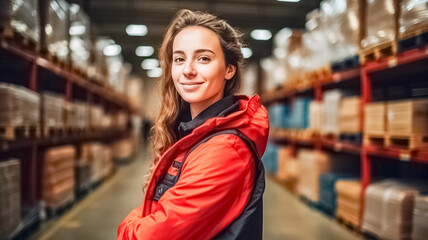 Portrait of happy young woman warehouse worker wearing safety jacket looking at camera.
