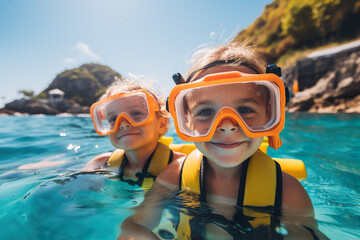 Two happy children in snorkeling masks swimming in the sea. Generative AI