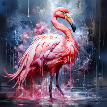 Unusual Bright Flamingo In Lake Watercolor