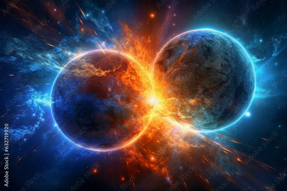 stellar collision, fiery star explosion amidst blue cosmic clouds ...