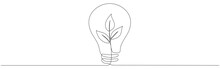 Lightbulb With Leaf Continuous Line Drawing. Sprout With Leaves Inside Lamp. Hand Drawn Linear Eco Symbol. Vector Illustration Isolated On White.