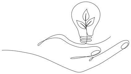 Wall Mural - Lightbulb with leaf in hand continuous line drawing. Arm holding sprout with leaves inside lamp. Linear eco symbol. Vector illustration isolated on white.