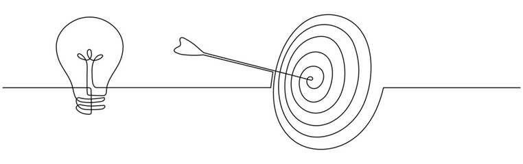 Poster - lightbulb with target and arrow continuous one line drawing. vector illustration isolated on white.