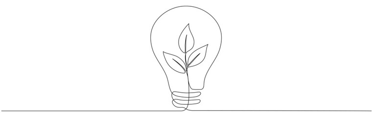 Poster - Lightbulb with leaf continuous line drawing. Sprout with leaves inside lamp. Hand drawn linear eco symbol. Vector illustration isolated on white.