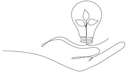 Poster - lightbulb with leaf in hand continuous line drawing. arm holding sprout with leaves inside lamp. lin