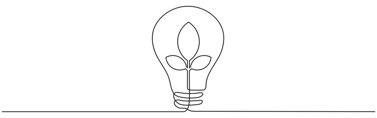 Poster - lightbulb with leaf continuous line drawing. sprout with leaves inside lamp. hand drawn linear eco s