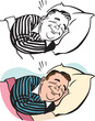 A vintage retro cartoon of a man sleeping contentedly in his bed. 