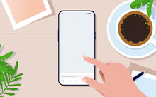 Phone Laying On Table Mockup - Vector Illustration Of Hand Using Smartphone Touch Screen On Desk At Home. Flat Design