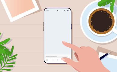 Aufkleber - Phone laying on table mockup - Vector illustration of hand using smartphone touch screen on desk at home. Flat design