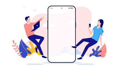 Poster - App developers working on phone screen - Flying people with computer and devices doing work on white empty screen. Flat design with white background