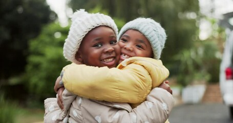 Sticker - Black family, kids and hug with boys outdoor on a street in their neighborhood together for love or bonding. Portrait, children and winter with friends embracing in the morning for fun or joy