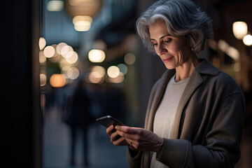 Mature woman with gray hair using mobile smartphone in the city at night. Smiling old lady using app, write message, looking to contact list, receiving cell phone call