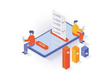 Leinwandbilder - Election and voting concept in 3d isometric design. People vote in elections, calculating votes and make charts with exit polls and results. Vector illustration with isometry scene for web graphic