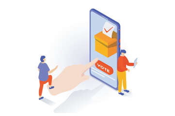 Leinwandbilder - Election and voting concept in 3d isometric design. People vote online in democratic elections using mobile app to choose their candidate. Vector illustration with isometry scene for web graphic