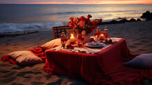 A Table With Food, Drinks, Candles And Flowers On The Beach In The Evening, Romantic Atmosphere