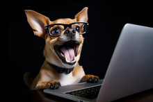 A Happy Chihuahua Dog Wearing Glasses Working On A Laptop Computer With A Surprised Facial Expression