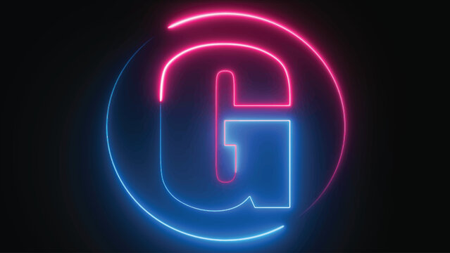 Neon Letter G with neon circle, Neon alphabet G glowing in the dark, pink blue neon light, Shine text G, the best digital symbol, 3d render, Education concept.