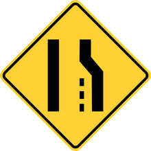Vector Graphic Of A Usa Right Lane Ends Highway Sign. It Consists Of A Black Road Narrowing From Two Lanes To One Within A Black And Yellow Square Tilted To 45 Degrees