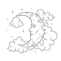 Vector vintage crascent moon with a face,  stars, clouds, line art style, esoteric and occult magic signs isolated on white background