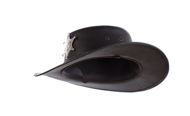 Wall Mural - black leather sheriff hat isolated on white background