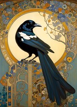 Decorative Art Nouveau Illustration Of A Magpie In Profile In An Ornate Floral Nature Background