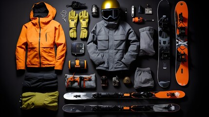 Knolling layout of full skiing clothes and equipment for winter, distributed on the floor, birds eye perspective