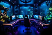 Excessive dream gaming room, gaming furniture and equipment, blue LED light, streaming setup